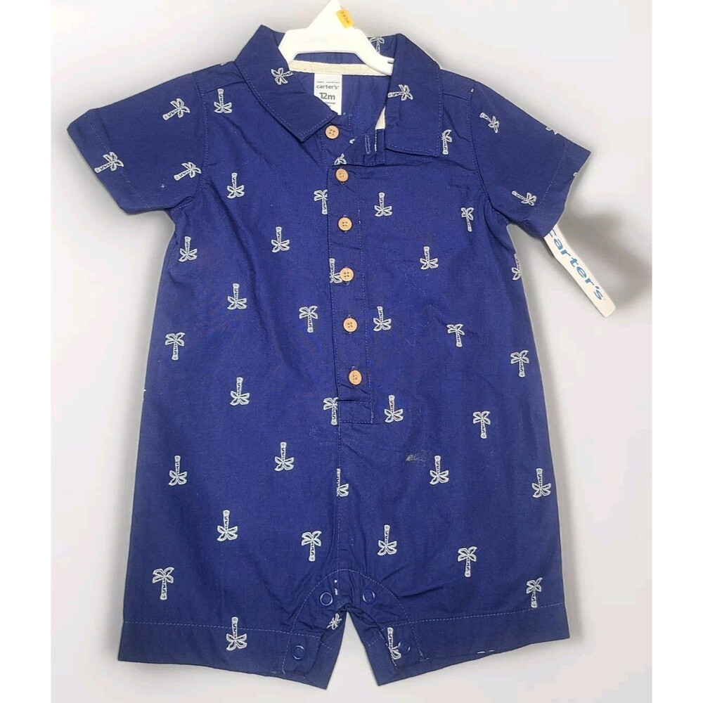 Carter's 12 MONTH BABY BOY ONE PIECE PALM TREE ROMPER SHORTS BUTTON UP SNAP LEGS